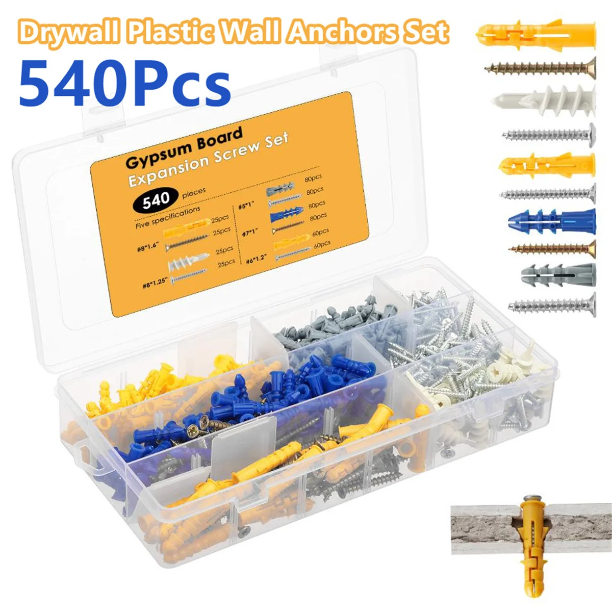 540個入りドライウォールアンカーとネジの詰め合わせキット、 - Drywall Anchor Screw のレビューと価格